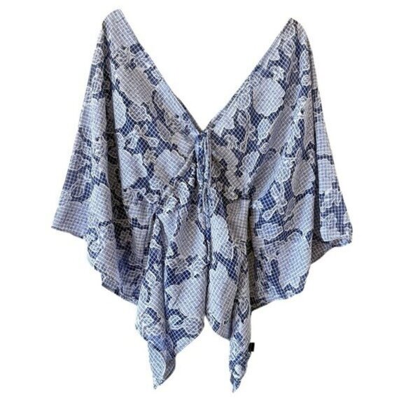 ANTHROPOLOGIE Tie Front Blue Floral Gingham Caftan One Size NEW - Picture 2 of 8